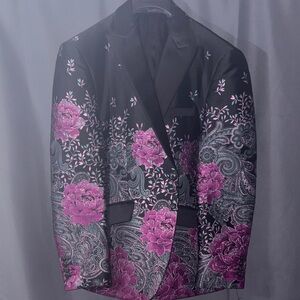 Black Blazer with Pink Floral Jacquard - Designer Evening Suit